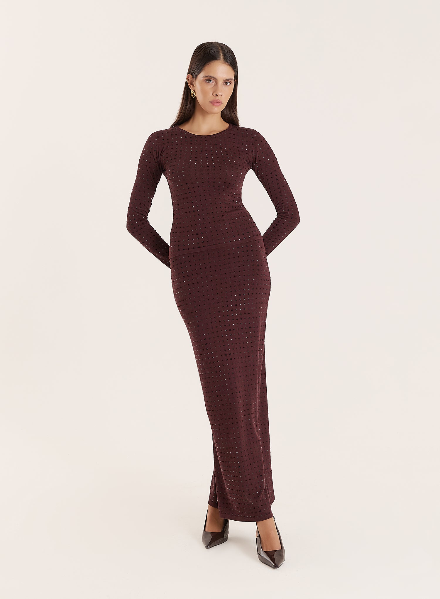 Chocolate Knitted Embellished Maxi Skirt